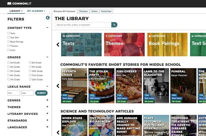 La biblioteca gratuita en línea de CommonLit contiene historias cortas, poemas, noticias, discursos, documentos históricos y otros artículos informativos y literarios
