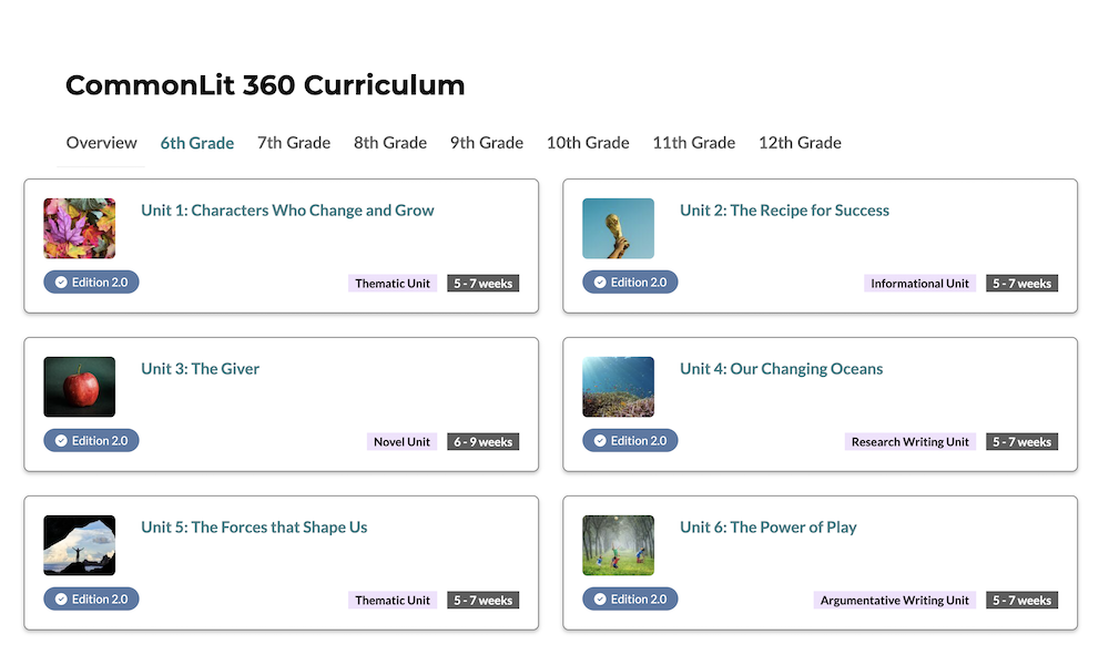 Una captura de pantalla del plan de estudios CommonLit 360 con unidades destacadas para estudiantes de sexto grado.