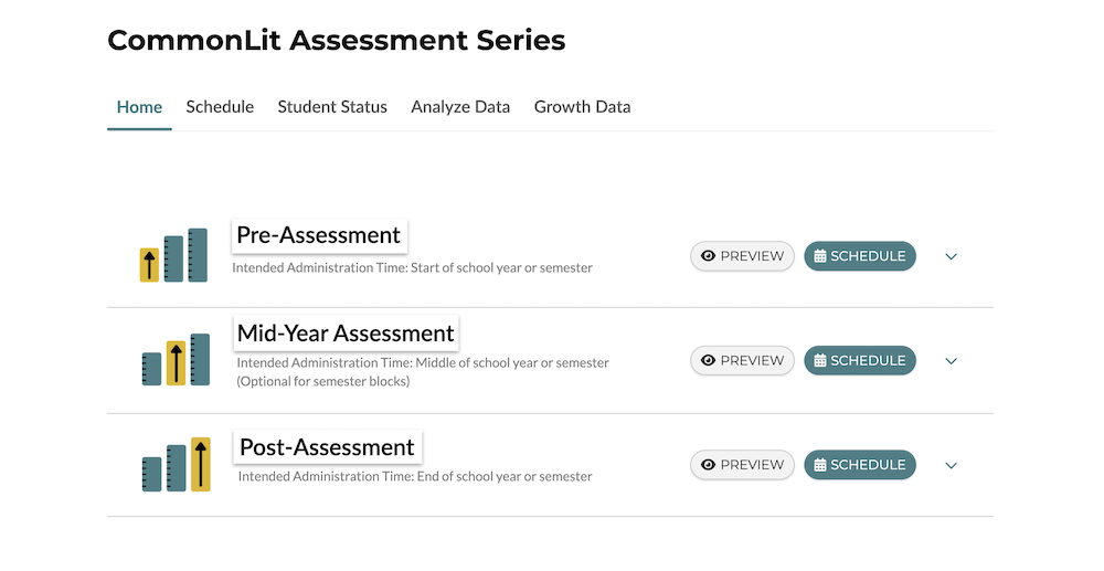 A screenshot of the CommonLit Assessment Series that contains a Pre-Assessment, a Mid-Year assessment, and a Post-Assessment