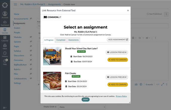 A screenshot prompting a teacher to select an assignment as part of the Canvas integration