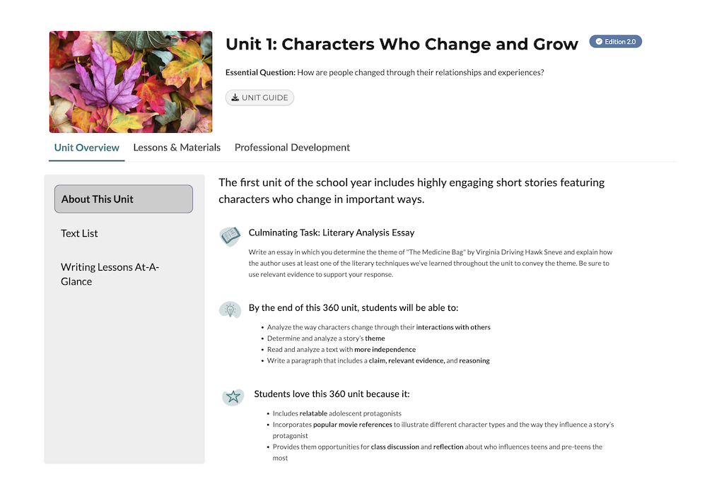 Una captura de pantalla de una unidad de ejemplo ("Unidad 1: Personajes que cambian y crecen") que contiene una sección sobre esta unidad