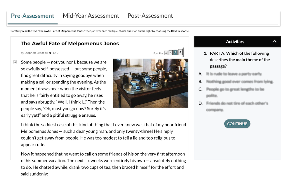 A screenshot showing an example CommonLit Pre-Assessment with student activities. The student activity shown in the screenshot is a question about the text.