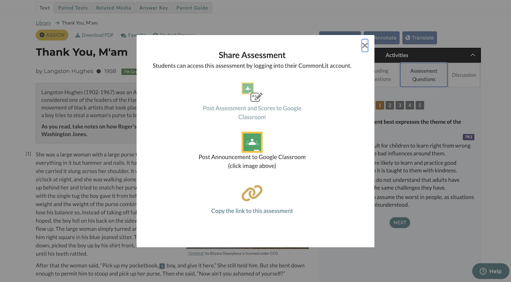 A screenshot showing the "share assignment" and integration with Google Classroom feature.