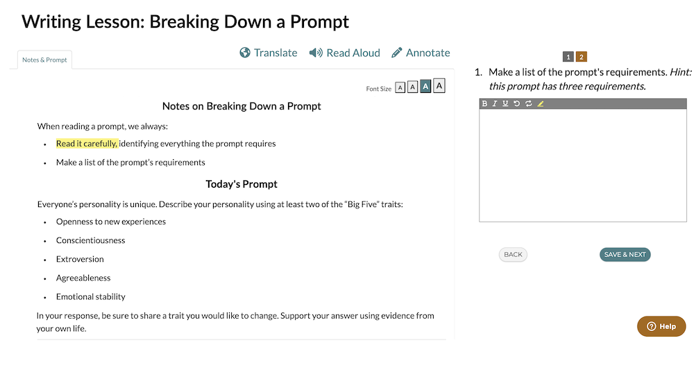 A screenshot of a writing lesson called "Breaking Down a Prompt," that demonstrates the translate, read aloud, and annotate features. The screenshot also includes a question for students to answer.